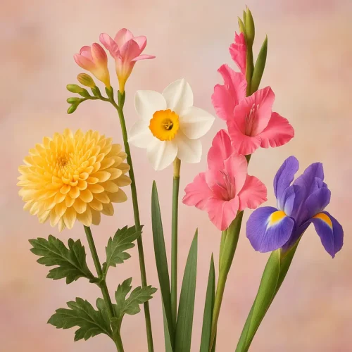 Meaning of flowers — chrysanthemum, freesia, narcissus, gladiolus, iris | Lotus724 (no text on image)