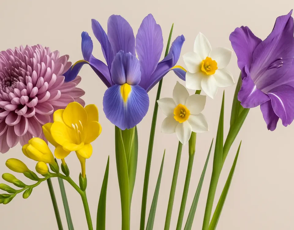 Meaning of flowers — chrysanthemum, freesia, narcissus, gladiolus, iris | Lotus724 (no text on image)