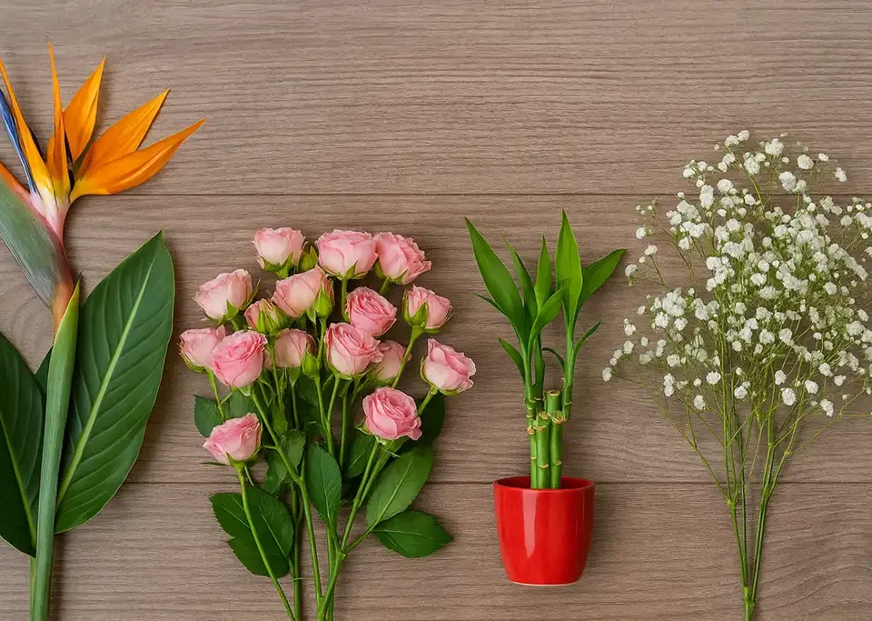 Meaning of flowers — Strelitzia, Spray Roses, Lucky Bamboo, Gypsophila | Lotus724