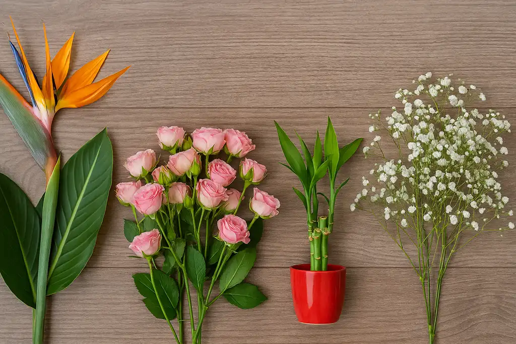 Meaning of flowers — Strelitzia, Spray Roses, Lucky Bamboo, Gypsophila | Lotus724