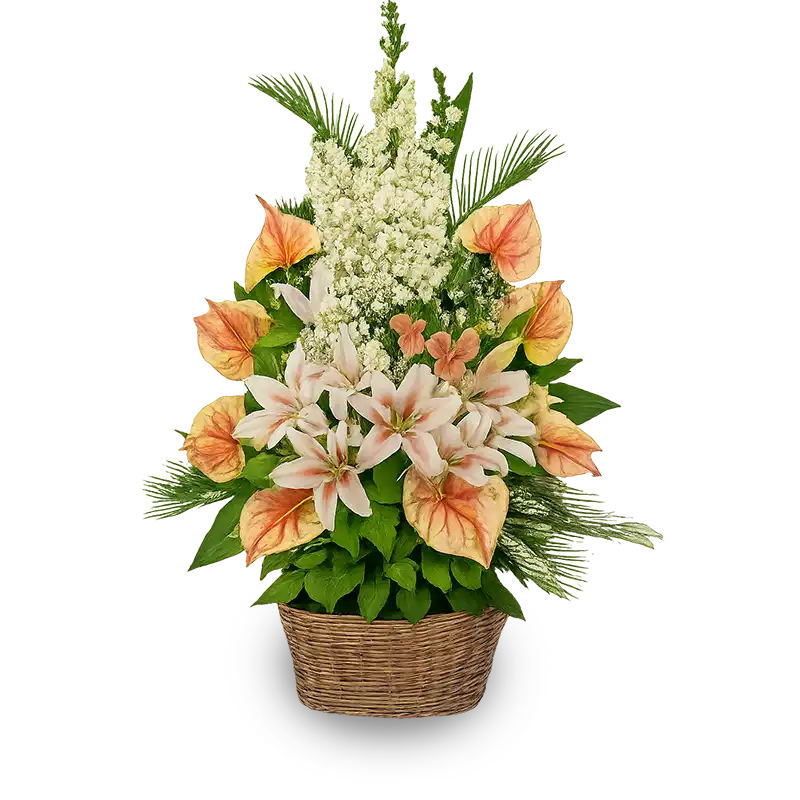 Beautiful flower basket arrangement with mixed seasonal flowers